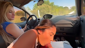 Three Girls Indulge In A Car Ride And End Up Giving A Blowjob